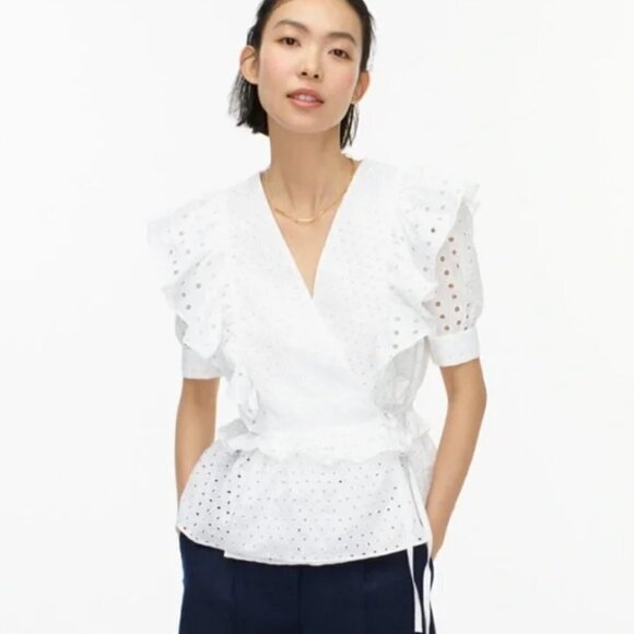 J. Crew Ruffle wrap top eyelet shirt AW838 XXS blouse White - Picture 1 of 5